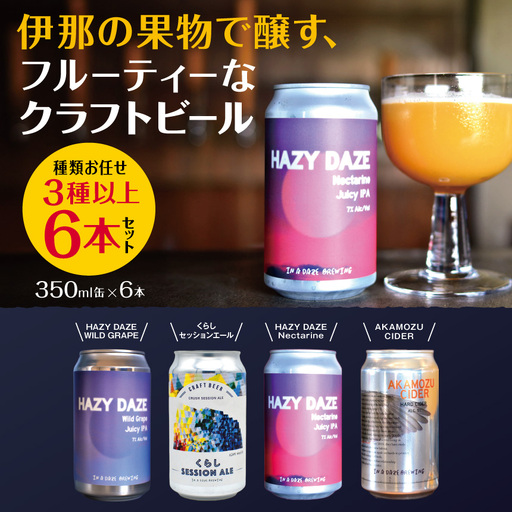 伊那の果物で醸す、フルーティーなクラフトビール6本セット　350mL缶×6本（種類お任せ　3種以上）【017-17】