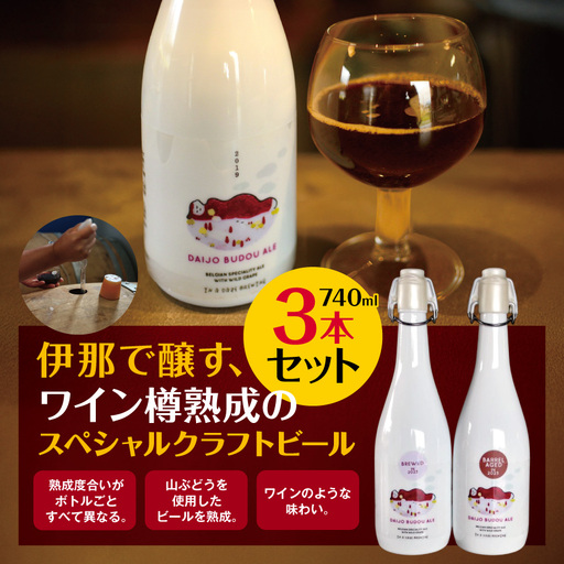 伊那で醸す、ワイン樽熟成のスペシャルクラフトビール740ml×3本セット　（熟成度合いがボトルごとすべて異なります。山ぶどうを使用したビールを熟成。ワインのような味わい）【037-13】