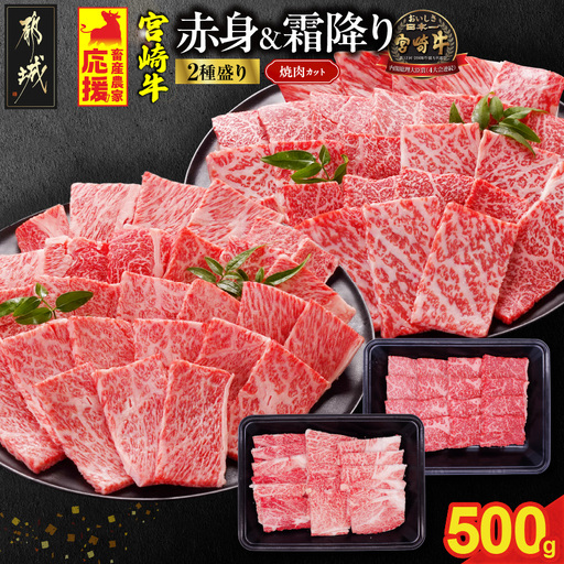 畜産農家応援! 宮崎牛焼肉2種500gセット(霜降り200g 赤身300g)〔13-N2-002-500g-S2A3〕_(都城市) 赤身 霜降り 食べ比べ 肩ロース又はロース ウデ モモ 焼き肉 牛肉 とろける BBQ 焼肉