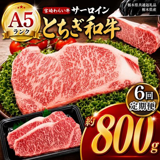 【定期6回】宮福笑牛（とちぎ和牛） A5 サーロインステーキ　約200g×4枚【栃木県共通返礼品】