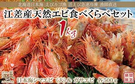 【！！先行予約！！＼12月中旬以降、順次出荷予定／】北海道産 天然えび食べくらべセット　計1kg　濃厚な甘みの日本海シマエビ（大）500g＆飽きのこない旨みのガサエビ500g　国産　江差近海産　天然もの　エビかご漁師直送　最良品厳選　生食可　お刺身　天ぷら　エビフライ　海老