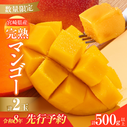 オンライン決済限定 数量限定 宮崎県産 完熟マンゴー 2玉 計500g以上 期間限定 フルーツ スイーツ 果物 くだもの 食品 グルメ デザート 国産 産地直送 人気 おすすめ おやつ 高級 ご褒美 贅沢 贈り物 ギフト プレゼント 令和8年発送分 宮崎県 日南市 送料無料_BD106-25