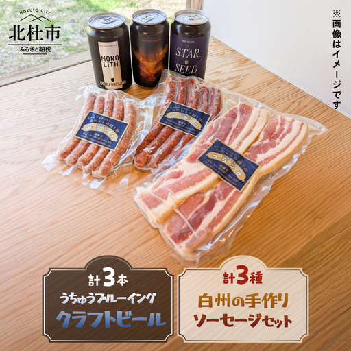 うちゅうブルーイング クラフトビール3本と名水百選で知られる白州の手作りソーセージ3種セット ソーセージ ウインナー ベーコン 詰め合わせ 宇宙ビール [h131]
