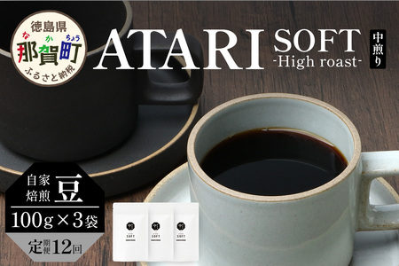 【定期便12回】【豆タイプ】珈琲屋 中-ATARI- SOFT (中煎り) -High roast- 100g×3袋×12回【徳島県 那賀町 自家焙煎 コーヒー 珈琲 ブレンド コーヒー豆 珈琲豆 豆 スペシャリティコーヒー レギュラーコーヒー 中煎り ハイロースト 詰め合わせ ギフト プレゼント お取り寄せ】CO-15