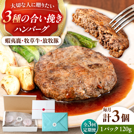 【全3回定期便】 【蝦夷鹿×牧草牛×放牧豚】ハンバーグ 3個   鹿肉 牛肉 豚肉 小分け 冷凍 北海道 [AXBP015]