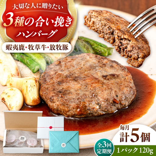 【全3回定期便】【蝦夷鹿×牧草牛×放牧豚】ハンバーグ 5個   鹿肉 牛肉 豚肉 小分け 冷凍 北海道 [AXBP019]