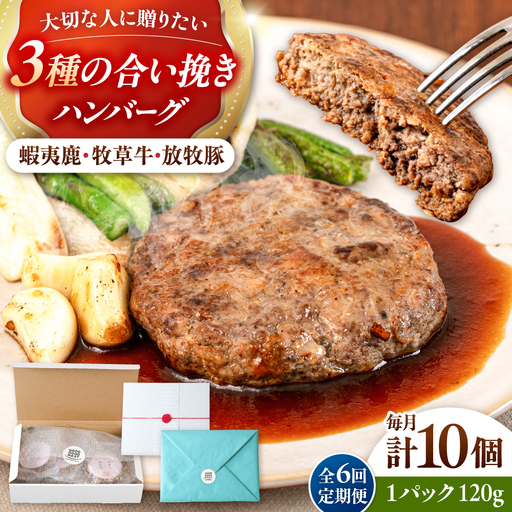【全6回定期便】【蝦夷鹿×牧草牛×放牧豚】ハンバーグ 10個  鹿肉 牛肉 豚肉 小分け 冷凍 北海道 [AXBP032]
