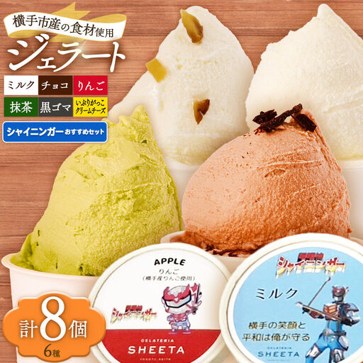 シャイニンガーおすすめセット（抹茶×2、黒ゴマ×1、いぶりがっこクリームチーズ×1、りんご×1、ミルク×2、チョコ×1）各100g×8個
