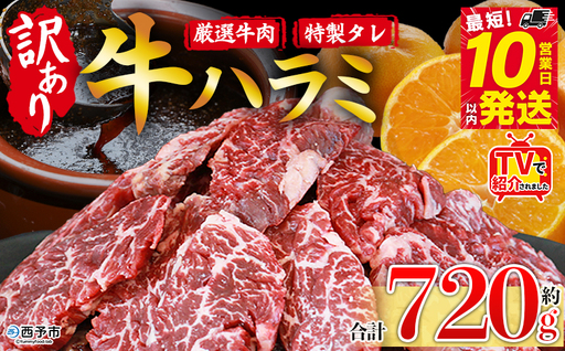 TVで紹介！＜秘伝の特製タレ仕込み！やわらか味付き 牛ハラミ 約720g（360g×2）＞ テレビ TV 訳あり はらみ ハラミ 赤身 大容量 牛肉 お肉 焼肉 BBQ 味付き タレ漬け 甘辛 レシピ 丼 献立 惣菜 おかず 簡単 グルメ 株式会社丸和 愛媛県 西予市【冷凍】『最短10営業日以内に順次出荷』MMW0004
