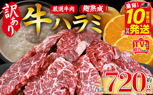 TVで紹介！＜麹熟成で旨み引き立つ！やわらか味付き 牛ハラミ 約720g（360g×2）＞ テレビ TV 訳あり はらみ ハラミ 赤身 大容量 牛肉 お肉 焼肉 BBQ 味付き 麹 コスパ 塩味 レシピ 丼 献立 惣菜 おかず 簡単 グルメ 株式会社丸和 愛媛県 西予市【冷凍】『最短10営業日以内に順次出荷』MMW0005