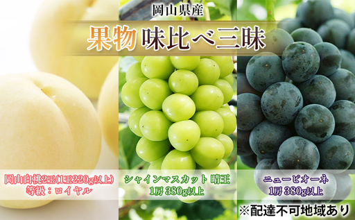 桃 ぶどう 2026年 先行予約 果物 味比べ三昧 岡山白桃 2玉 等級:ロイヤル(1玉220g以上)シャインマスカット 晴王 1房 ニュー ピオーネ 1房 詰合せ 岡山の桃 岡山の葡萄
