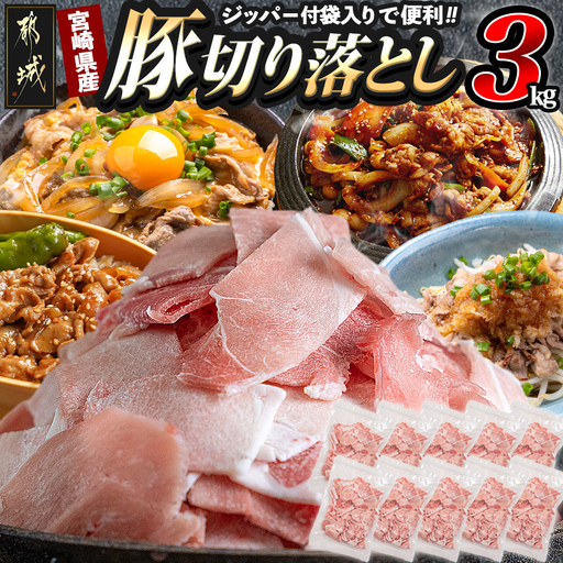 宮崎県産豚切り落とし3kg(ジッパー付袋入り)〔13-15-009-3kg〕_(都城市) 宮崎県産 豚肉 切落とし チャック付き 小分け 冷凍 省スペース ウデ肉 モモ肉 ストック 豚肉 小分け 使いやすい 焼きそば カレー 生姜焼き 肉野菜炒め アレンジ