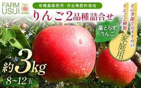 家庭用 有機農薬使用・完全無肥料栽培「りんご2品種詰合せ」葉とらずりんご約3kg（8～12玉） F7X-0871