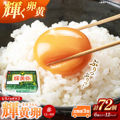 【定期便3回】ヒラノのタマゴ 輝黄卵（きおうらん）72個（6個入り×12パック） 【 卵 たまご タマゴ ブランド卵 国産 新鮮 直送 定期便 3回 3ヵ月 輝黄卵 きおうらん 朝ごはん 卵かけごはん 福岡県 筑前町 AJ010】【202609】