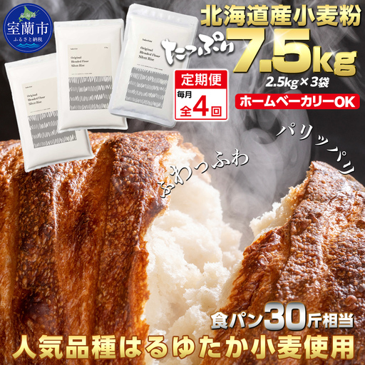 【毎月定期便】北海道産 小麦粉 はるゆたかブレンド小麦粉 シルバーライズ（パン用強力粉）7.5kg 全4回 MROBI030