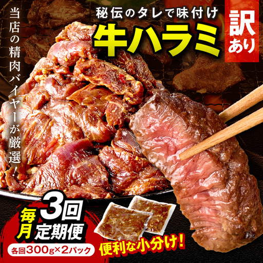 【定期便】【訳あり】牛ハラミ（サガリ） 秘伝のタレ込み 味付け肉 600g（300g×2パック）【定期便 毎月×3回】