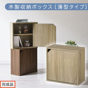 【完成品でお届け】木製収納ボックス〔薄型タイプ〕（オーク）キューブボックス 扉付き 棚付き カラーボックス 木製 本棚 薄型 約 幅35 小物 漫画 コミック 収納ボックス キューブ 型 隠す収納 棚 収納箱 LKANET300243-0-OAK