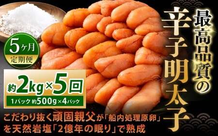 【5カ月定期便】 こだわり抜く頑固親父が「船内処理原卵」を天然岩塩「2億年の眠り」で熟成させた最高品質の辛子明太子 約2kg（約500g×4パック）×5回 計約10kg 辛子明太子 辛子めんたいこ 明太子 IX