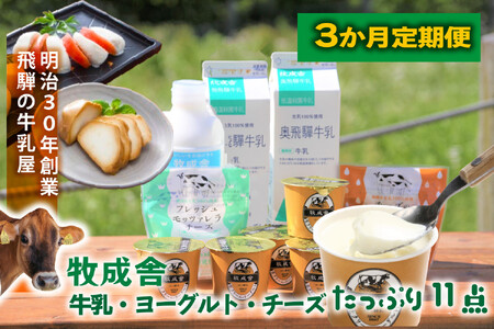 3か月定期便[飛騨乳製品バラエティセット]牛乳・ヨーグルト・チーズ詰め合わせ 11点セット |乳製品 習慣 詰合せ 家族 朝食 牧成舎 牧成舎
