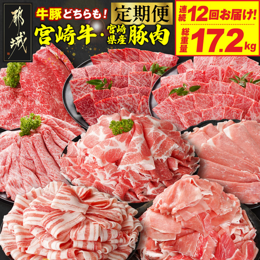 ≪12回連続お届け≫とにかくお肉大好き!宮崎牛と宮崎県産豚定期便M(総重量17.2kg)〔T192-12-N202〕_(都城市) 宮崎県産 牛肉 宮崎牛 豚肉 しゃぶしゃぶ すき焼き 焼肉 バラ 肩ロース又はロース ウデ モモ