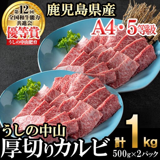 ＜A4・A5等級＞鹿児島県産黒毛和牛 うしの中山 焼き肉用厚切りカルビ 計1kg(500g×2P) 鹿児島県産 黒毛和牛 和牛 カルビ 肉 牛肉 国産 九州産 焼肉 BBQ 小分け A5 A4 日本一 ランキング 人気 c4-016