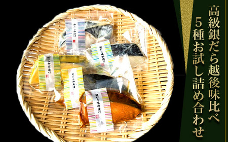 H7-C3A【訳あり】 西京漬け 銀だら 詰め合わせ 80g×5種×1切 計5切 銀鱈 ギンダラ ぎんだら セット 食べ比べ 個包装 お試し 味噌漬け 塩糀漬け 柚庵漬け 粕漬け