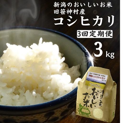 【令和7年産】【3ヶ月定期便】 旧笹神村産 コシヒカリ 3kg×3回 合計9kg 白米 上泉 農家直送 コメドック 金賞 新潟県、米、こめ、コメ、精米  1Q14029