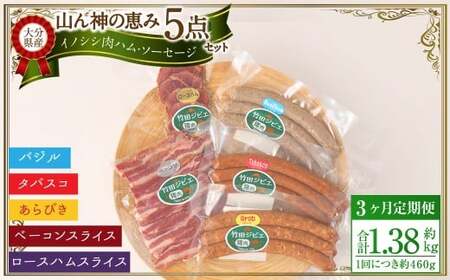 【3ヶ月定期便】 【竹田ジビエ】 山ん神の恵み イノシシ肉ハム・ソーセージ 5点セット 食べやすい ジビエ