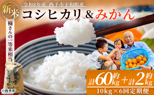 【追加受付開始】新米 ＜令和8年産 コシヒカリ 約10kg×6回 温州みかん2kg×1回 西予市宇和町産＞ 白米 精米 楠さんの一等米相当 選べる 配送回数 お米 ご飯 愛媛県 西予市【常温】『2026年9月上旬から順次出荷予定』 UKK0008