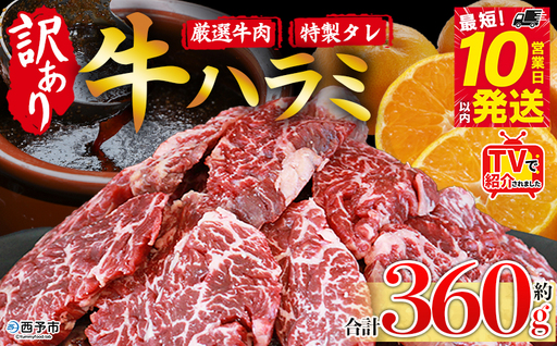 TVで紹介！＜秘伝の特製タレ仕込み！やわらか味付き 牛ハラミ 約360g（360g×1）＞ テレビ TV 訳あり はらみ ハラミ 赤身 大容量 牛肉 お肉 焼肉 BBQ 味付き タレ漬け 甘辛 レシピ 丼 献立 惣菜 おかず 簡単 グルメ 株式会社丸和 愛媛県 西予市【冷凍】『最短10営業日以内に順次出荷』MMW0008