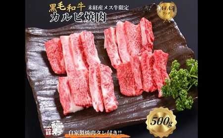 黒毛和牛めす牛 カルビ焼肉 500g 自家製焼肉のたれ付 / ふるさと納税 カルビ 焼肉 BBQ バーベキュー 食材 セット 黒毛和牛 牛肉 お中元 お歳暮 正月 ギフト 和牛 食べ物 奈良県 宇陀市 福寿館