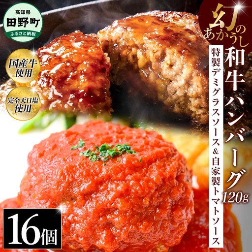 幻のあかうし和牛ハンバーグ 16個入り 1個120g 特製デミソース トマトソース付き 田野屋青蜂 白鯆 完全天日塩練り込み