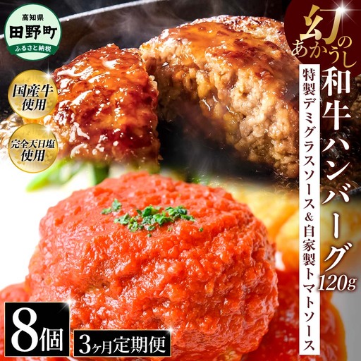 幻のあかうし和牛ハンバーグ 8個入り 3ヶ月定期便 1個120g 特製デミソース トマトソース付き 田野屋青蜂 白鯆 完全天日塩練り込み