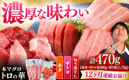 【全12回定期便】対馬産 本マグロ 470g（赤身200g、中トロ200g、切り落とし70g） ≪対馬市≫【桐谷商店】 トロの華 対馬 新鮮 マグロ 赤身 トロ 切り落とし 鮪 刺身[WAQ078]