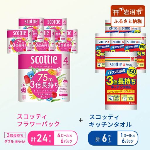 キッチンペーパー 6パック入 スコッティ ファイン 1ロール 150カット トイレットペーパー ダブル 24ロール ( 4ロール × 6パック ) フラワーパック