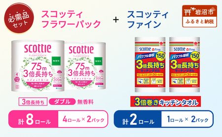 セットトイレットペーパー ダブル 8個 キッチンペーパー 2個 スコッティ トイレット