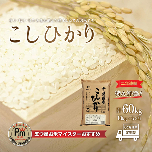 ＜6ヶ月定期便＞2年連続特A評価！千葉県産コシヒカリ10kg×6ヶ月連続 計60kg E021