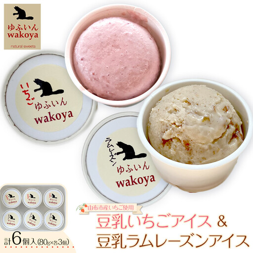 豆乳いちごアイス＆豆乳ラムレーズンアイスセット 約80g×各3個入り 計6個【ゆふいんwakoya】