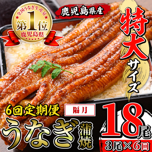 【6回定期便(隔月)】鹿児島県産 うなぎ蒲焼 特大 サイズ 3尾セット ＜（約220g×3・計約660g）×全6回＞  【薩摩川内鰻】 i1175-B