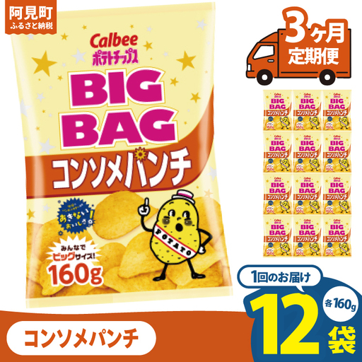 [3ヶ月定期便]カルビー ポテトチップスコンソメパンチ BIGBAG 160g×12個|Calbee お菓子 菓子 おやつ おかし ぽてち ポテチ スナック おつまみ ジャガイモ じゃがいも(93-59)
