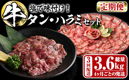 ＜定期便・全3回 (4か月ごとの発送)＞たっぷり！ 薄切り 塩 牛タン・牛ハラミ セット (総量3.6kg) 小分け 牛肉 肉 タン たん ハラミ はらみ 詰め合わせ 味付け 焼肉 BBQ 冷凍 大分県 佐伯市【DH330】【ネクサ】