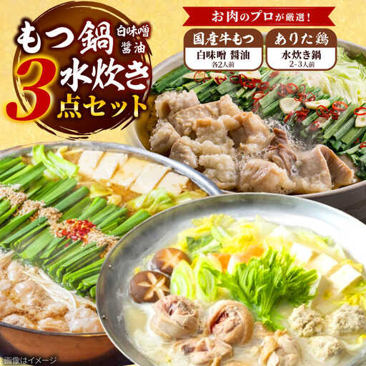 「上田商店」博多もつ鍋(醤油・白味噌/各2人前)&水炊き(2-3人前)[BGAD053]