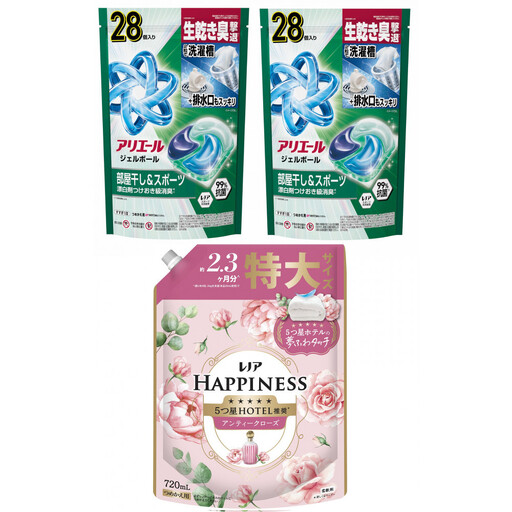 アリエール ジェルボールプロ 部屋干し&スポーツ28個 ×2袋& レノアハピネス ローズ720mL つめかえ用