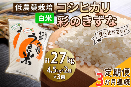 [定期便／3ヶ月] 低農薬栽培のコシヒカリと彩のきずな 食べ比べセット《白米》計27kg (4.5kg×2種×3ヶ月連続)｜おいしい お米 コメ こめ ご飯 ごはん お取り寄せ 直送 贈り物 贈答品 ふるさと納税 埼玉 杉戸 [0663]