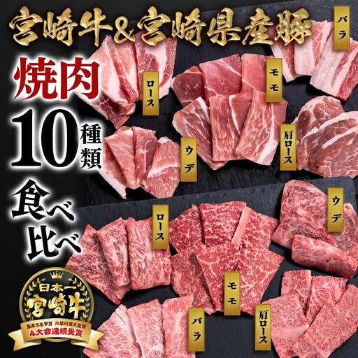 宮崎牛&宮崎県産豚肉 焼肉10種盛り 食べ比べセット計600g 宮崎牛4等級以上 国産牛 豚肉 ブランド牛 ミヤチク 内閣総理大臣賞4連覇[47-3b]