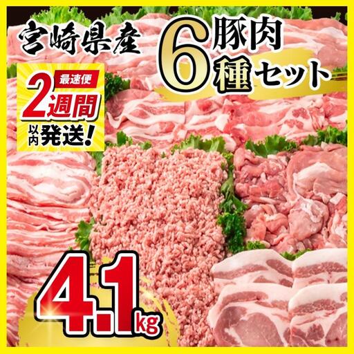 【2週間以内発送】宮崎県産豚肉 6種 バラエティ4.1kgセット＜58-41a＞小分け スライス 鍋 トンカツ 餃子等