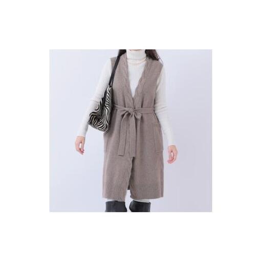 ルーエンローズ カシミヤ 部分ケーブル編みロングジレ（ブラウン） RU2311-19