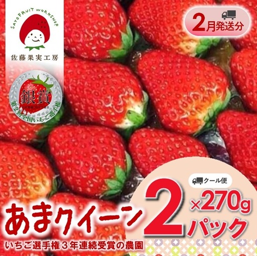 [2027年産先行予約]「西脇市産 佐藤果実工房 あまクイーン」(約270g×2パック 約540g)[佐藤果実工房 全国いちご選手権3年連続上位入賞農園 TVで紹介!]令和9年2月上旬配送分 sato-A-2-2-early