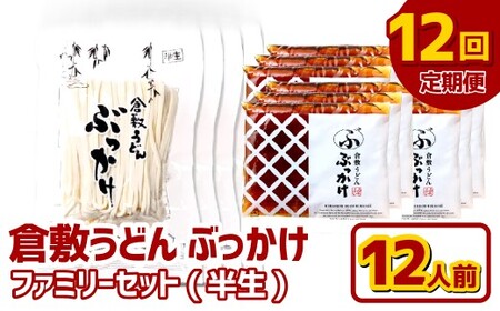 【12ヶ月定期便】『倉敷うどん ぶっかけ』ファミリーセット(半生) 12人前×12回 うどん 麺類 麺 半生 半生麺 ぶっかけうどん タレ つゆ 岡山県 倉敷市