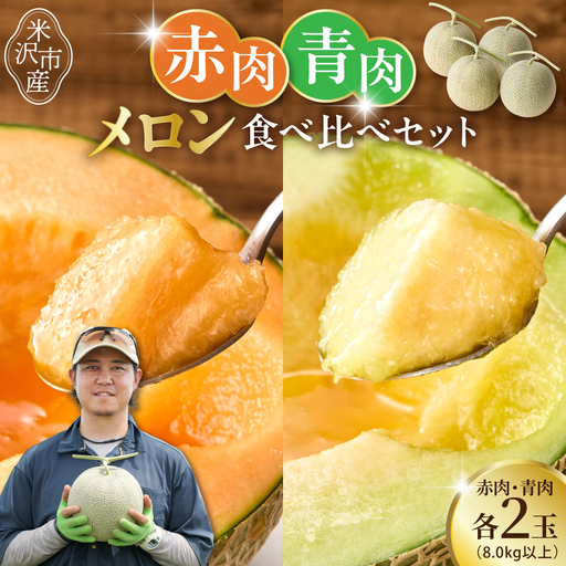 [先行予約] 令和8年産 赤肉青肉メロン 食べ比べ 2セット ( クインシー719 ・ クレセント ) 各2玉 計4玉 8kg以上 2026年7月中旬〜8月中旬頃お届け予定